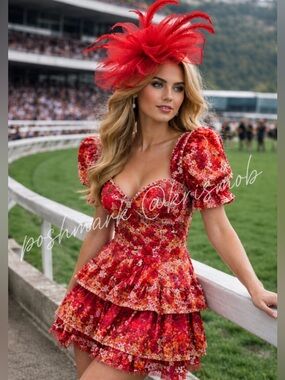 Kentucky Derby Headwear Red Hat Fascinator Feather Statement Formal Occasion